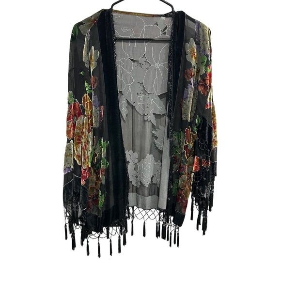 Floral Embroidered Sheer Burn Out Kimono Cardigan Fringe Beads Boho Whimsigoth - Picture 1 of 6